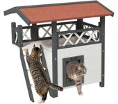 PawHut Casa para Gatos de Madera 77x50x73 cm Caseta para Gatos de 2 Niveles Refugio para Gatos con Techo Asfáltico Escalera y Balcón para Exterior