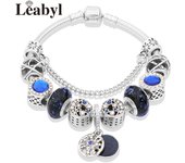 Classic Royal Blue Crystal Star Moon Beads Bracelet Dark Blue Enamel Murano Pendant Charm Bracelet & Bangle Mix Style Jewelry