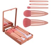 5 unids maquillaje cepillo conjunto con caja de espejo, cepillos de maquillaje portátiles, cepillos de maquillaje cosmético suave, rubor diario (rosa)
