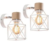 Juego de 2 apliques Industriales, Diseño de jaula de metal, lámpara de pantalla de Madera, decoración ajustable15 cm (Blanco)