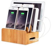 Soporte organizador de cables para múltiples dispositivos de escritorio de madera de bambú y estación de carga, soporte para base de carga para iPhone, iPad, teléfonos inteligentes y tabletas Samsung