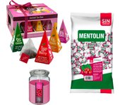 Pack Balsámico: MENTOLIN ARANDANO S/A BOLSA 1KG + WELL HOME - Vela perfumada de frambuesa + WELL HOME - Caja de Té Joyfull con variedad de sabores