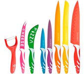 Juego de 7 cuchillos revestidos con cerámica y 1 pelador cerámico | Cuchillos con mangos ergonómicos antideslizantes con recubrimiento antiadherente | Aptos para lavavajillas | Lámina de acero inoxidable esmaltado | Colores diferentes | RevolutionLine