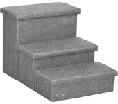 PawHut Escalera para Mascotas de 3 Peldaños Escalones para Perros Gatos con Tapas Abribles y Espacio de Almacenamiento 63,5x42,5x40,5 cm Gris
