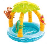 Piscina hinchable tropical c/suelo acolchado, toldo y animales hinchables Ø102 cm INTEX, Piscina hinchable infantil INTEX Isla Tropical, para bebés y niños de 1 a 3 años, capacidad 45L, suelo acolchado, 102cm de diámetro y 86cm de alto, incluye parche de