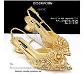 QSGFC Shiny Gold Color Shoes and Bag Elegant Handbags and Medium Heel Shoes Beautiful Handmade Flowers For Wedding Party