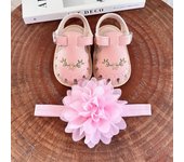 2pcs Newborn Baby Girls Floral Pattern Closed Toe Non-Slip Soft Sole Sandals & Headband Set, Spring & Summer