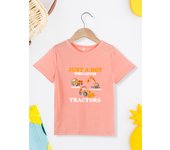 Stylish Cool Boy Black T-shirt Just a Boy Loves Tractors Print Summer Children's Clothing Fine Comfy Fabric Round Neck Tops