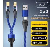 2-in-2  65W+27W Fast Charging USB/Type-C To Type-C/Lightning Fast Charger Cable For iPhone 14 15 Samsung Xiaomi Huawei