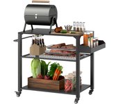 Outsunny Carrito de Parrilla de 3 Niveles Carrito de Barbacoa Carrito de Servicio con 4 Ruedas Estantes y Asa Mesa de Horno de Pizza para Jardín Patio Negro