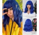 Dark Blue Short Curly Wavy Hair Wig with Bangs Natural Fluffy Blue Cosplay Party Shoulder Length Synthetic Wig for Women Lolita