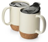 Juego de 2 tazas de café de 15 oz, taza grande de cerámica para café con fondo de corcho y tapa a prueba de derrames para mamá y papá, taza grande para café, café con leche y té, color beige