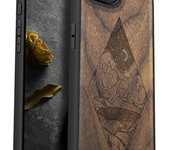 Funda magnética de madera para iPhone 16e (2025), madera maciza y TPU, diseño artesanal grabado, resistente a los golpes, compatible con cargadores inalámbricos MagSafe, diseño tradicional de templo - Blackwood