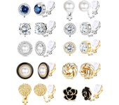 10 Pares de Aretes de clip para Mujer, sin perforar, with Flor de encirita cúbica, Perla de Agua Dulce simulada, torcido Bare con, en tonos Dorados y plateados, varios Colores.