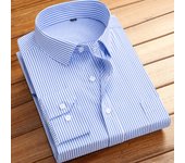 Cotton Men's Classic Long Sleeve Striped Basic Dress Shirts Single Patch Pocket Formal Business Standard-fit Office Social Shirt