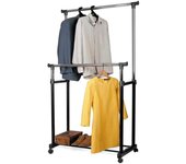 Perchero Doble con Ruedas, Ajustable en Altura y Ancho, Barra para Ropa con Estante Inferior para Zapatos, Soporte Resistente de Metal, Ideal para Dormitorio, Vestidor, Tienda o Lavandería, Fácil Montaje