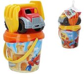 Cubo de playa con camión dumper pala y rastrillo para la arena