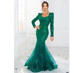Fishtail Sparkle Sequined Evening Party Maxi Dress V Neck Elegant Full Sleeved Patchwork Organza Prom Gown Green Navy
