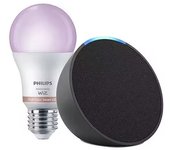 Echo Pop Amazon, Altavoz inteligente wifi y Bluetooth con Alexa, de sonido potente y compacto, Antracita, Blanco bombilla philips