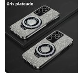 Luxury Plating Magnetic Holder Phone Case For Samsung Galaxy S24 Ultra S23 S22 S21 S20 Plus FE Note 20 10 Silicone Glitter Cover