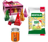 Pack Balsámico: MENTOLIN PLUS JENGIBRE S/A BOLSA 1KG + Vela Perfumada de Frutas Exóticas 510g  + Caja de Té Joyfull con variedad de sabores