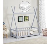 Cama infantil Helsingborg con reja de seguridad y colchón - Diseño Tipi - pino 140x70 cm - Gris claro [en.casa]