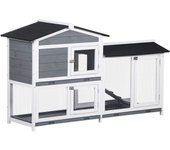 PawHut Conejera de Madera Exterior Jaula para Conejos de 2 Niveles con Techo Asfáltico 2 Corrales de Metal Bandeja Extraíble 2 Puertas y Rampa 157,4x53x93,5 cm Gris