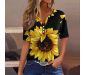 Fashion Women's Summer T-Shirts Sunflower Printed Loose Casual Short Sleeve TShirts Button V-Neck Basic Tops Ropa Para Mujer