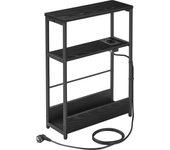 VASAGLE Mesa Auxiliar con Multienchufe, Mesa Auxiliar Estrecha con 3 Estantes, Mesa para Espacios Pequeños con Revistero, para Salón, Dormitorio, Estudio, Negro Ébano y Negro Tinta/Marrón Rústico y Negro Tinta/Greige Melange y Negro Tinta