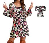 60s/70s/80s Women Hippie Costume Set Retro Cosplay Party Peace Sign Dress Headband