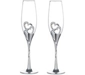 Juego de Copas de champán para Boda, Copas de flauta plateadas para Brindis, paquete de 2, with decoration of Corazones with Borde diamantes de imitación, color Plisado