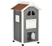 PawHut Casa para Gatos de Madera 59x55x109 cm Caseta para Gatos de 3 Niveles Refugio para Gatos con Techo Asfáltico Plataformas y Escalera para Exterior Gris