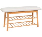 Banqueta zapatero Nordic 2 estantes de bambú natural y tela de borreguito de 91 cm