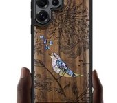 Funda magnética de madera para Samsung Galaxy S25 Ultra, con grabado artesanal de madera e incrustaciones de concha, compatible con cargadores inalámbricos MagSafe (Flores y pájaro) en madera negra.