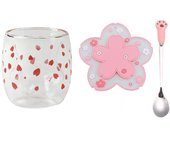 Double Wall Glass Coffee Mug With Spoon And Coaster Cartoon Cute Cat Milk Juice Cup Home Office Cat Claw/Paw Cup For Girl Gift