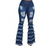 2023 Women Fashion Stretch Layer Fringe Raw Trim Ripped Flare Leg Jeans Street High Waist Denim Trousers Mujer