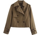 New Autumn Women Solid Cropped Trench Coat Vintage Double Breasted Long Sleeve Short Jacket Lapel Collar Windbreaker