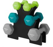 SONGMICS - Juego de mancuernas, 3 pares, 2 x 1 kg, 2 x 2 kg, 2 x 3 kg, soporte de almacenamiento, gimnasio y musculación, revestimiento de neopreno antideslizante