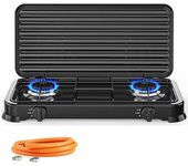 COSHANO Cocina Hornillo de gas portatil para camping con 2 quemadores, 30 – 50 mbar, con tapa protectora, manguera para butano incluido