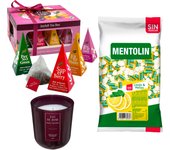 Pack surtido: MENTOLIN LIMON MELISA S/A BOLSA 1KG + Vela perfumada en vidrio rosa de silicona 170 g + Caja de Té Joyfull con variedad de sabores