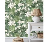 Muestra DIN A4 de Papel pintado de hojas y flores tropicales color tonos verde y blanco - Tahiti Leaves 681280 de GAULAN