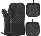 Guantes y agarraderas de silicona antideslizantes y resistentes al calor para horno, 2 guantes y 2 agarraderas (negro/rejilla)