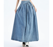 Women High Waist Fashion Loose Denim Skirt Girls Long Pleated A Line Dress Female Elegant Deep Blue Light Blue Skirts Large Size