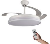 Ventilador de techo con luz LED 36W Blanco en 3 Temperaturas de Luz con Mando a Distancia -Motor DC Eficiente y Silencioso, 3 tonalidades, aspas desplegables retráctiles, 6 velocidades, control remoto, memoria, temporizador (ventilador-001 6990 D7)