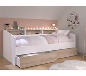 Vente-unique - Cama individual 90 x 190/200 cm con almacenamiento - Blanco y natural + Somier - PAULETTE