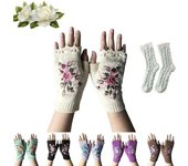 Guantes bordados a mano Guantes de punto para mujer Guantes de flores, guantes sin dedos bordados a mano