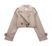 Women‘s Autumn New Long Sleeved Lapel Fashion Double-breasted Button Closure Front Pockets Trench Coat Cropped Jacket Chic Tops
