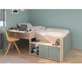 Vente-unique - Cama con escritorio y armario 90 x 190/200 cm - Color: Natural y verde + Somier + Colchón - MIVONA