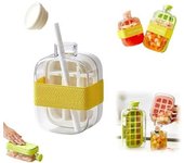 Cubitera 2 en 1 sin contacto, con pajita, moldes flexibles de silicona para cubitos de hielo, bandeja portátil apilable y hermética (blanca, pequeña)