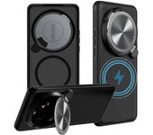 Funda para Xiaomi Mi 15 Ultra, protección de privacidad para lente de cámara, soporte plegable, carcasa trasera de TPU y PC, compatible con MagSafe, esquinas a prueba de golpes y airbag (negro)